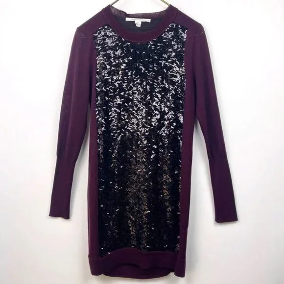 Diane Von Furstenberg Danette Sequin Purple Bodycon wool Sweater Dress Medium - Picture 2 of 10